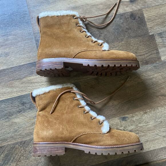 Madewell Boots Lace Up Suede Shearling Winter Combat Chunky Lug Sole Brown Cream - Picture 5 of 11